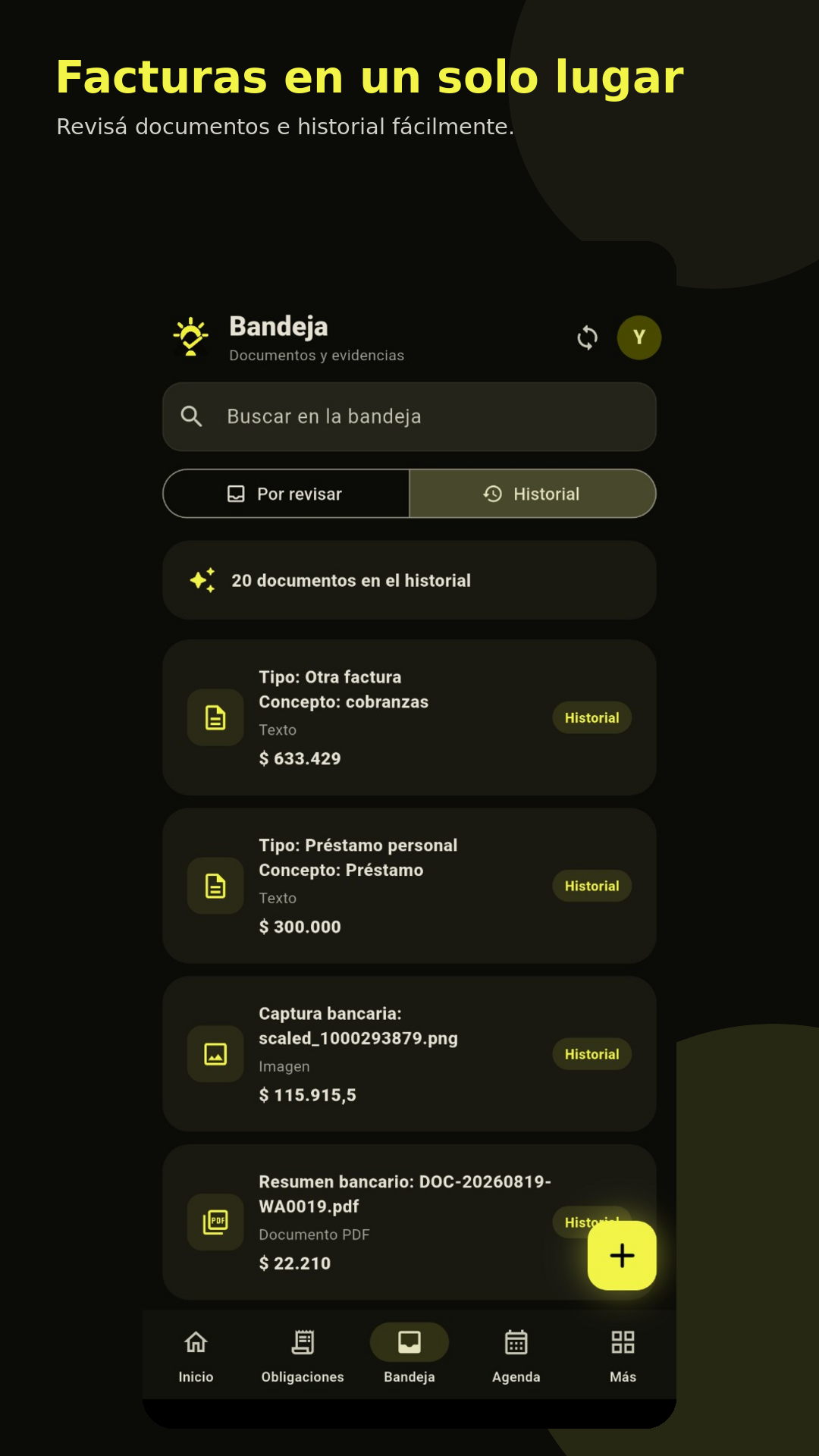 Bandeja de AlDía con documentos e historial financiero