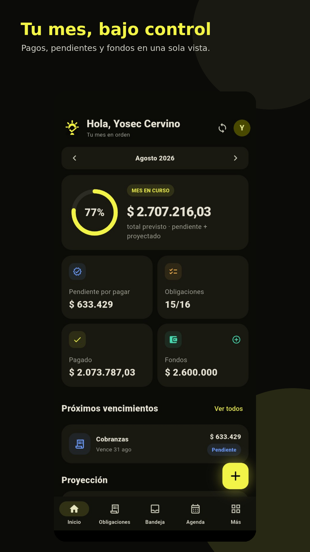 Dashboard mensual de AlDía con pagos, pendientes y fondos